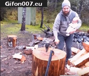 Chopping Wood, Man with Baby, Super, Gif